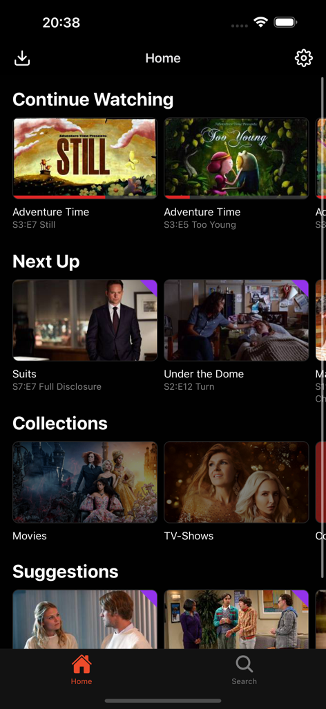 Schermata home dell'app Streamyfin che mostra categorie di media come Continua la visione e Prossimamente per una libreria self-hosted.