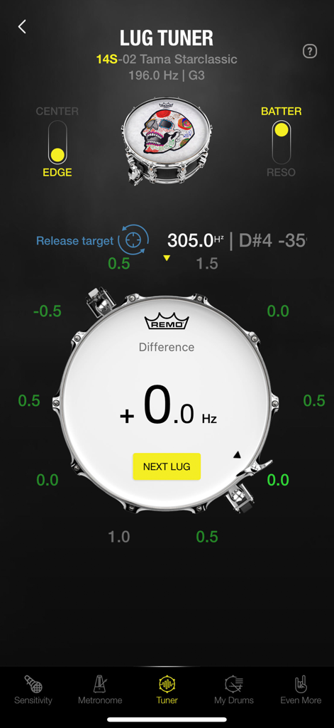 Drumtune PRO | Drum Tuner - The Lug Tuner screen in the Drumtune PRO app showing lug-by-lug pitch adjustments for a snare drum.