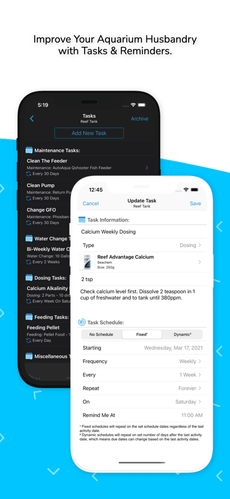 Aquarimate - Screenshots of the Aquarimate app showing aquarium maintenance tasks and a weekly dosing schedule for reef tanks
