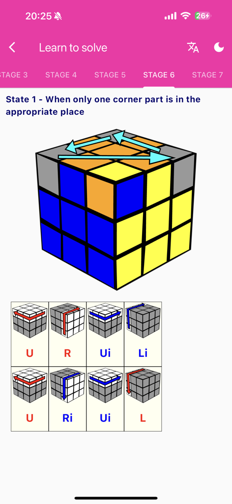 A step-by-step Rubiks Cube tutorial screen showing Stage 6 algorithms with visual move sequences and cube diagrams.