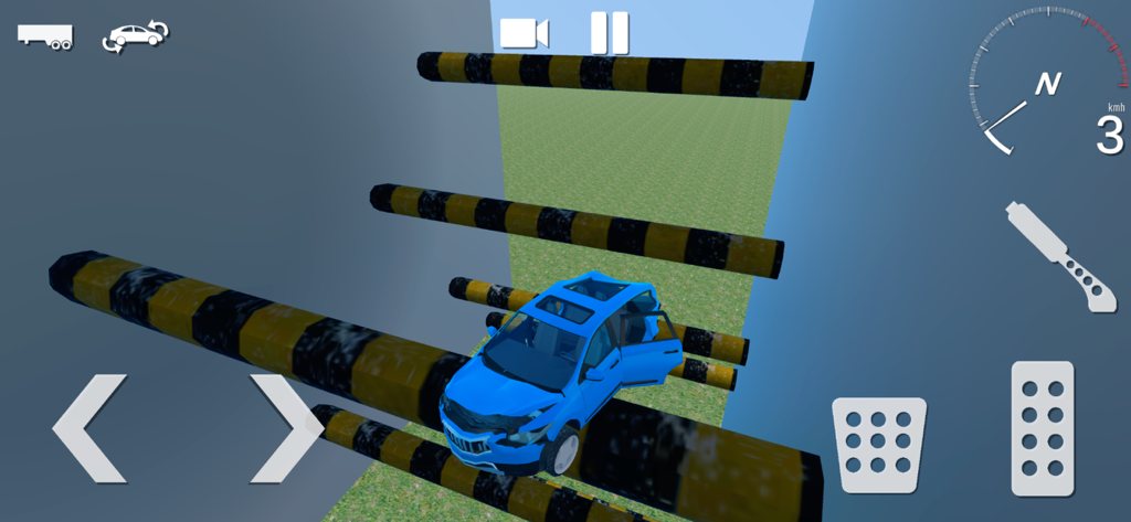 Car Crash Simulator Accident - A blue car performing a stunt jump through horizontal striped obstacles in a physics simulator game