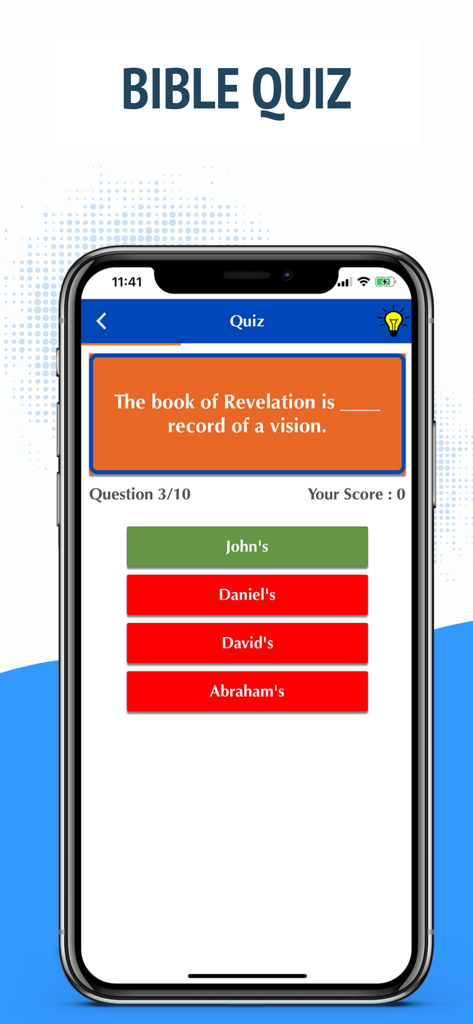 NASB Bible - NAS Holy Version - ヨハネの黙示録に関する多肢選択式の聖書クイズの質問を表示する携帯電話画面。