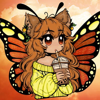 a realistic butterfly/furry girl drinking boba