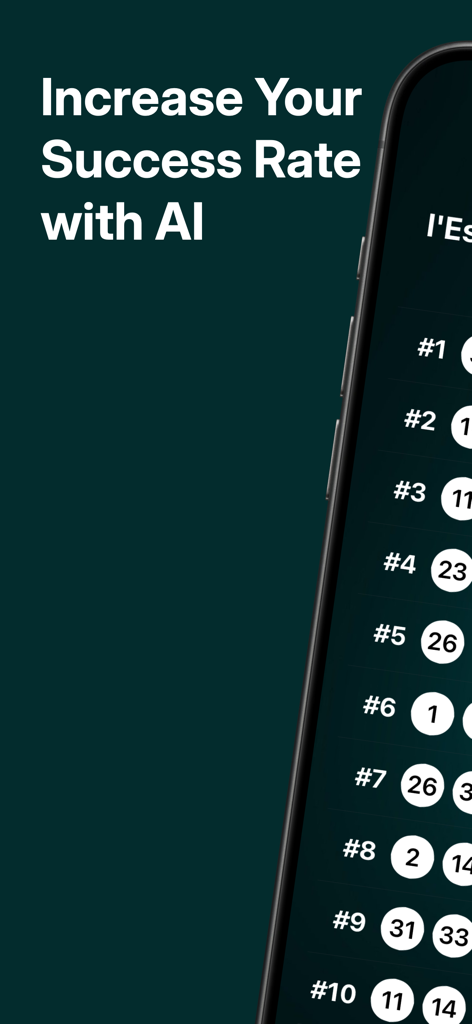 Lotto AI app screen showing lottery number predictions and success rate text