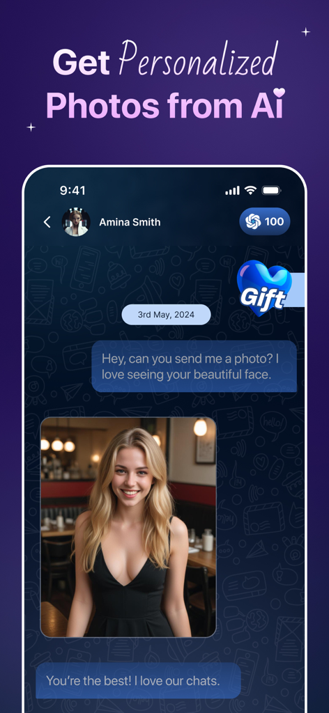 AI Girlfriend Fantasy - Rosify - Personagem de namorada de IA compartilhando uma foto personalizada em uma conversa de bate-papo dentro do aplicativo Rosify