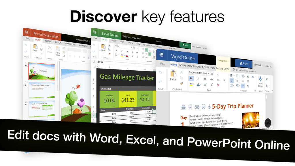 Interface do aplicativo Docs² mostrando ferramentas de edição online do Word, Excel e PowerPoint