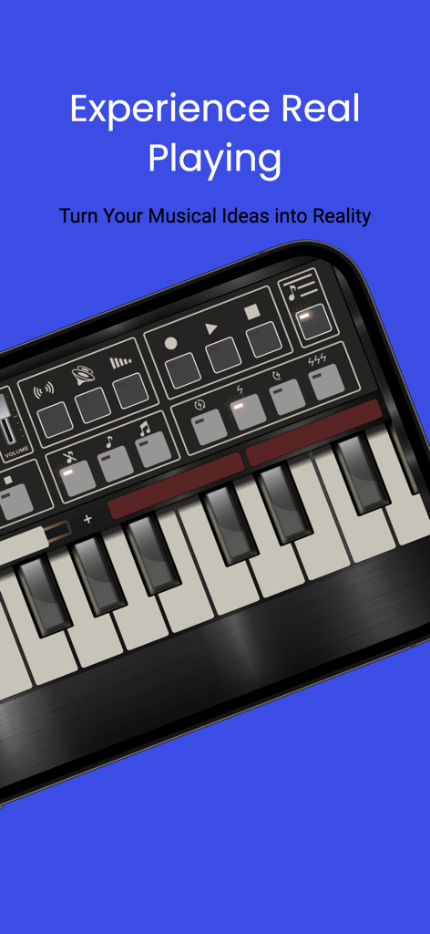 Oberfläche der Mobile Org 2025 App, die eine digitale elektronische Tastatur mit Klaviertasten und Musiksteuerung zeigt