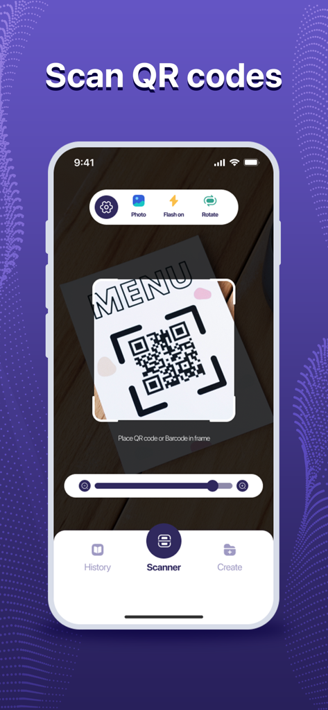 QR scanner app interface scanning a restaurant menu code