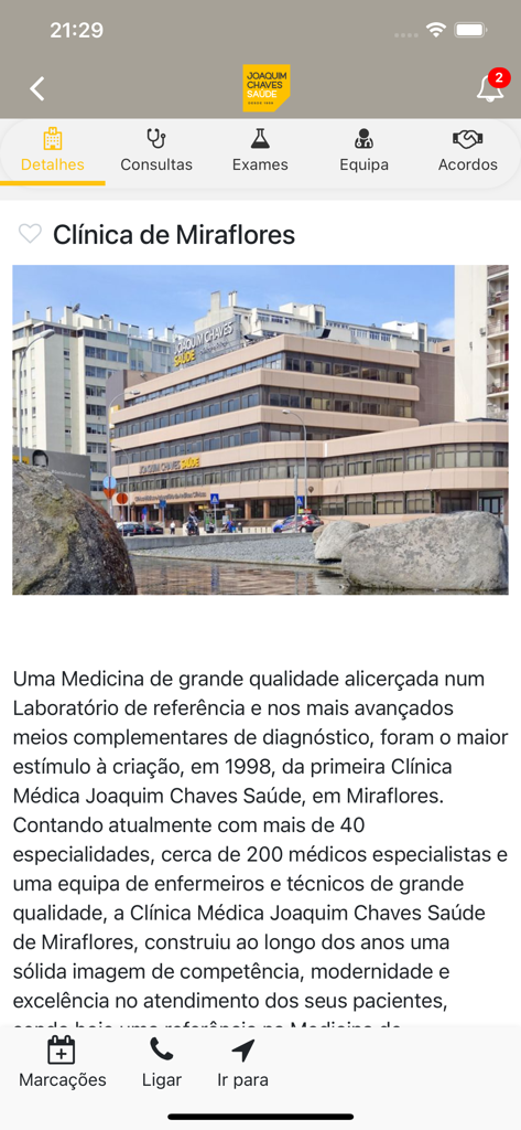 JCS - Joaquim Chaves Saúde - Screenshot da aplicação Joaquim Chaves Saude mostrando informações e uma foto da Clínica de Miraflores.