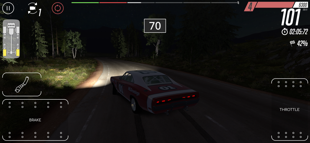 A muscle car racing on a forest road at night in CarX Rally gameplay.