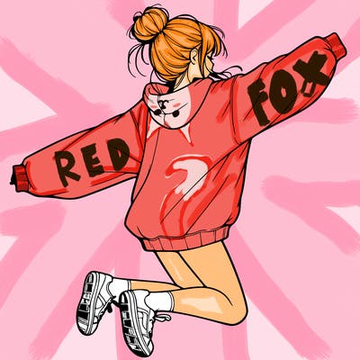 realistic girl jumping with a bun and oversized sweatshirt