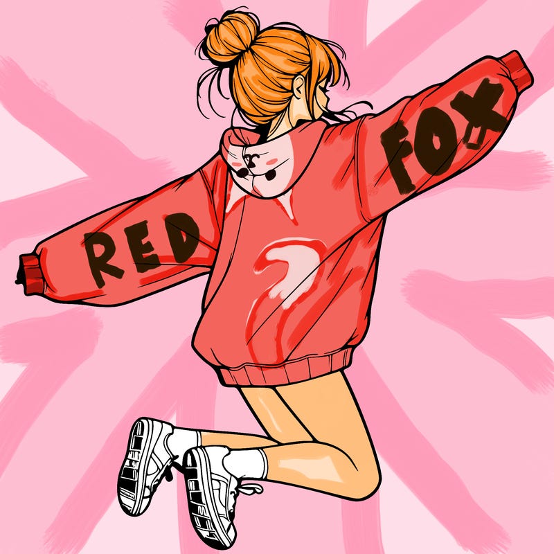 realistic girl jumping with a bun and oversized sweatshirt