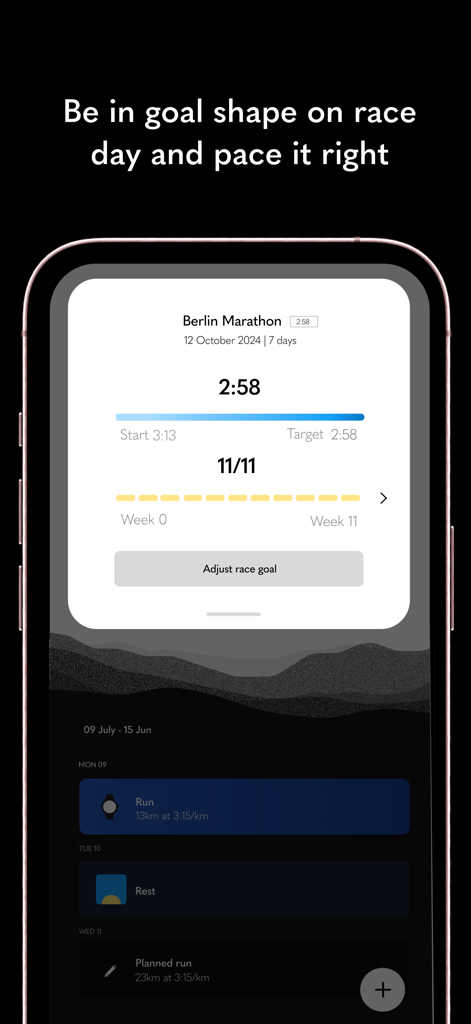Kaizen | Data-Driven Running - Kaizen app interface showing a marathon goal for Berlin with a target time of 2 hours 58 minutes and a weekly training schedule