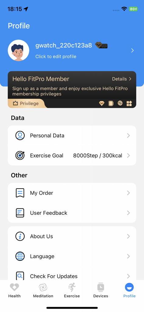 Captura de tela da página de perfil do aplicativo Hello FitPro exibindo informações da conta do usuário e metas de exercícios