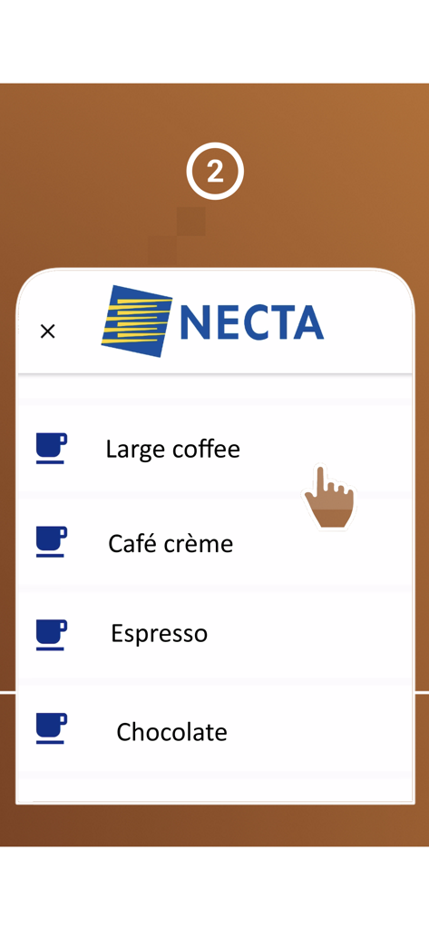 Coffee APPeal - Selection screen of the Coffee APPeal app showing drink options like espresso and cafe creme for Necta machines