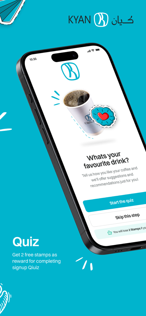Kyan - Schermata dell'app Kyan che mostra un quiz personalizzato sul caffè che premia gli utenti con punti per il completamento.