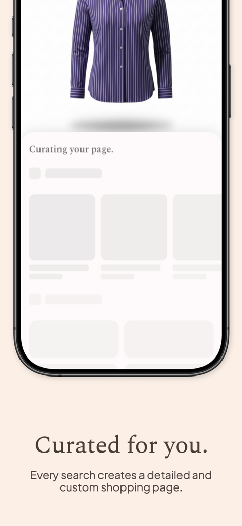 Shoppy - Fashion Search - La interfaz de la aplicación Shoppy que muestra una página de compras seleccionada basada en una búsqueda visual de una camisa de rayas púrpuras