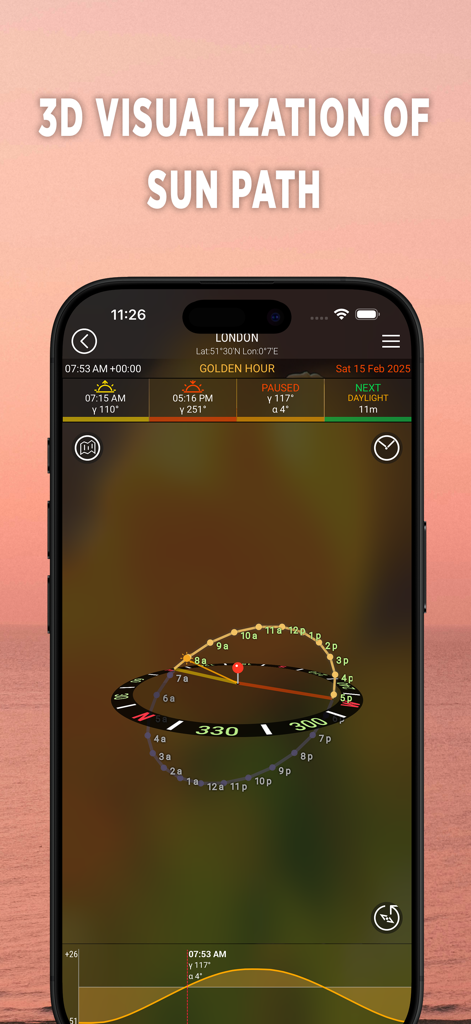 SunIZup - Golden Hour Photos - Tela do iPhone exibindo a visualização do caminho solar 3D do aplicativo SunIZup sobre uma bússola com horários da hora dourada