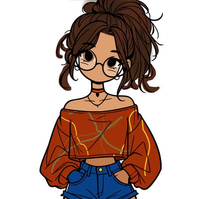 girl with a messy ponytail glasses a baggy crop top and jean shorts