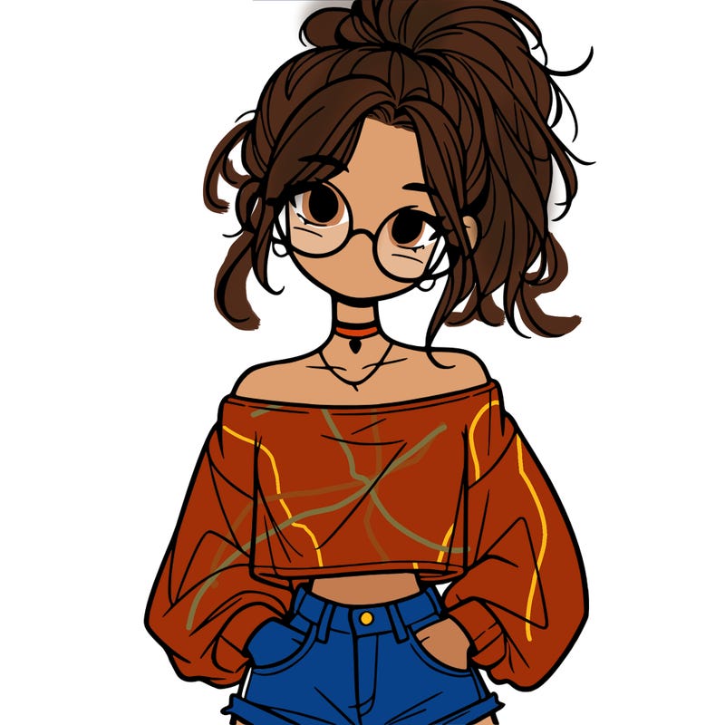 girl with a messy ponytail glasses a baggy crop top and jean shorts
