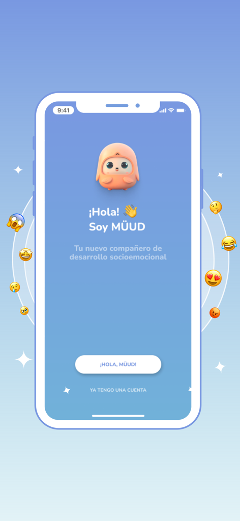Müud - Welcome screen of the Muud socio-emotional learning app featuring a cute character and various emojis.