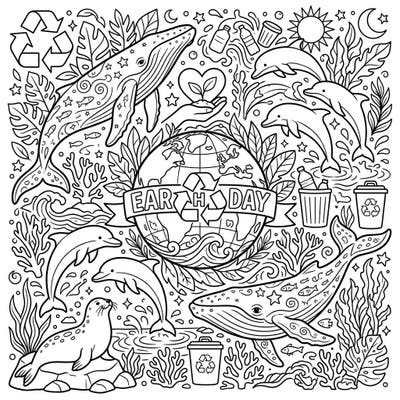 Immerse yourself in an ocean of creativity with this special Earth Day coloring page. Featuring majestic whales, playful dolphins, and a charming seal, it's a beautiful way to celebrate marine life and environmental protection.