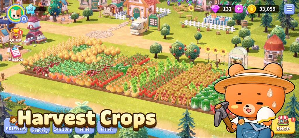 PokeFarm - Cozy farm Game - A cute bear character stands in front of a colorful farm with various crops ready for harvest in PokeFarm.