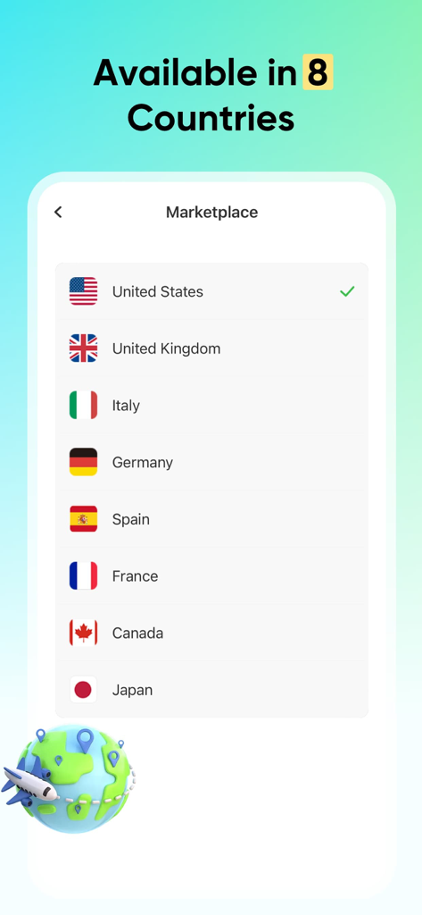 Vipon - Deals & Coupons - Screenshot of the Vipon app showing a list of 8 supported countries for Amazon deals including the United States, United Kingdom, and Canada.