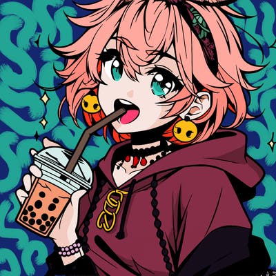 hot baddie anime girl drinking boba and biting the straw