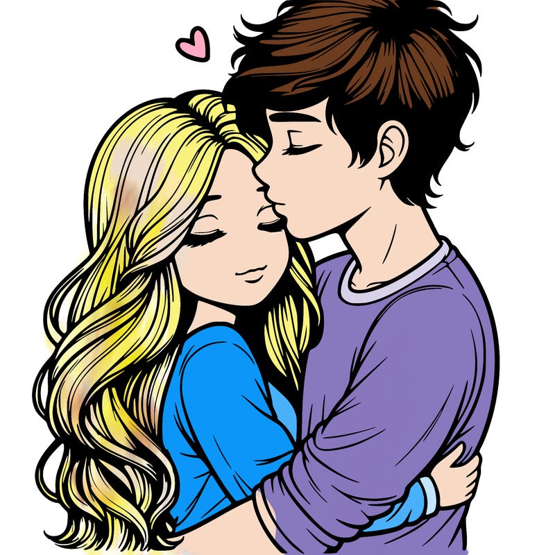 a realistic couple boy and girl hugging and kissing