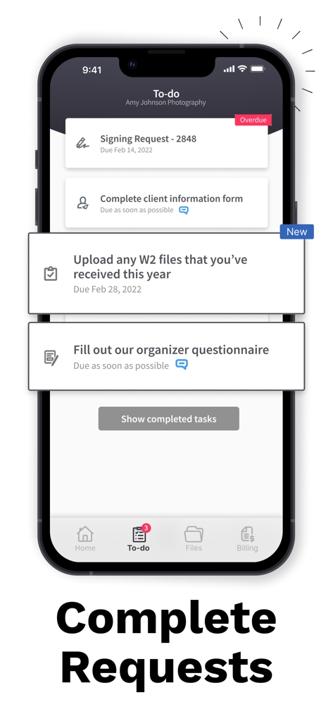 Interfaccia dell'app Canopy Client Portal che mostra una lista di cose da fare per le richieste fiscali e di documenti.