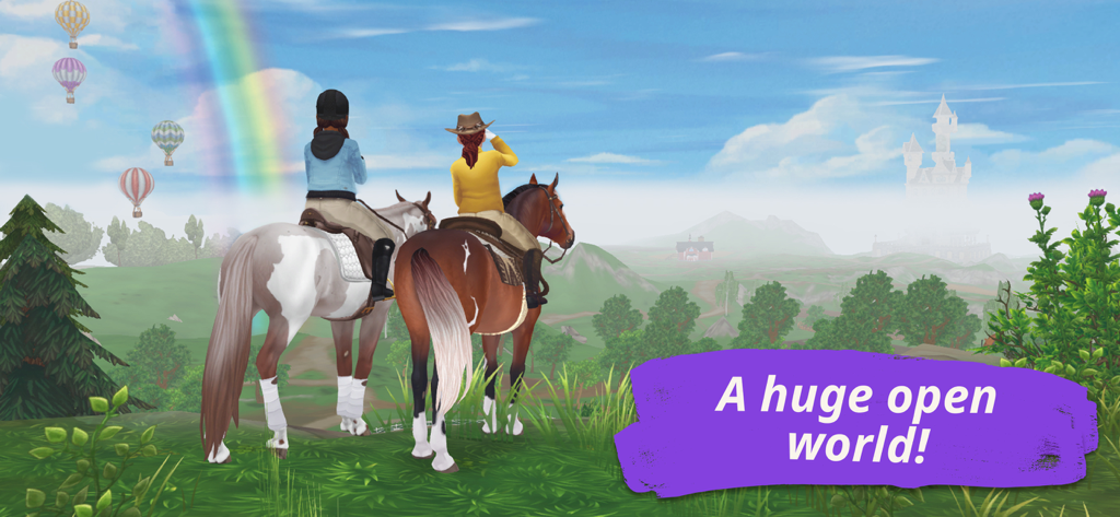 Star Stable Online: Horse Game - Zwei Reiterinnen auf Pferden blicken über die malerische offene Welt von Jorvik mit einem Regenbogen und einem Schloss im Hintergrund.
