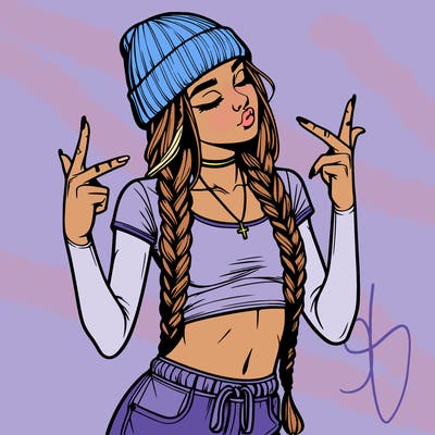 realistic teenage girl with braids and a beanie and crop top doing 🫶🏼