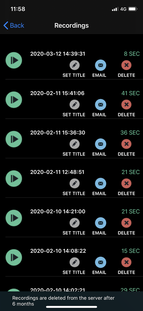 Interface showing a list of recorded calls with options to play, set a title, email, or delete each recording.