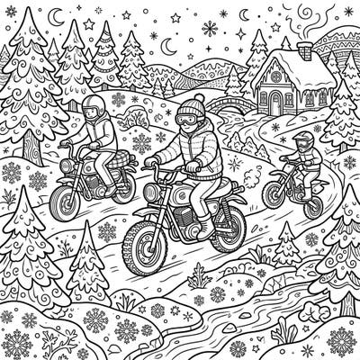 Embark on an exciting coloring adventure with our mini motorcycles speeding through a picturesque winter wonderland. This detailed page captures the thrill of the ride amidst snow-dusted trees and festive snowflakes, perfect for a cozy creative session.