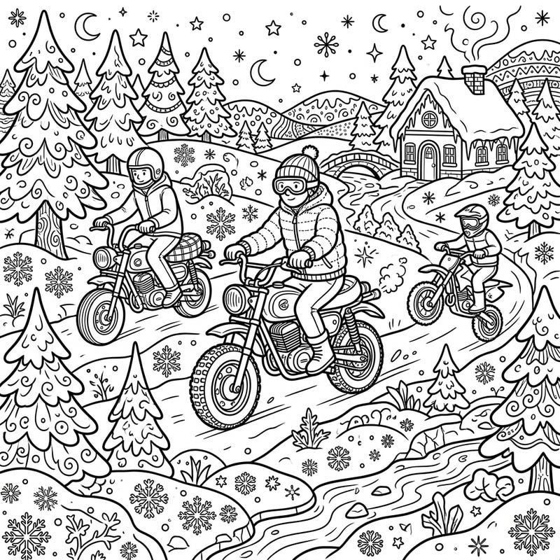 Embark on an exciting coloring adventure with our mini motorcycles speeding through a picturesque winter wonderland. This detailed page captures the thrill of the ride amidst snow-dusted trees and festive snowflakes, perfect for a cozy creative session.