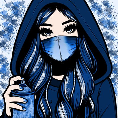 girl wearing a mask with long hair with her hood up spray-painting realistic
