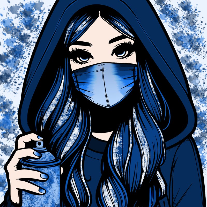 girl wearing a mask with long hair with her hood up spray-painting realistic