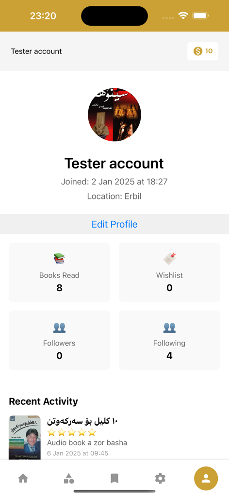 User profile screen in Ktebstan app showing books read and activity history