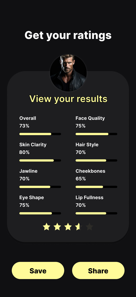 Looksmax AI - Get your rating - Looksmax AI app screen displaying personalized facial analysis results and ratings