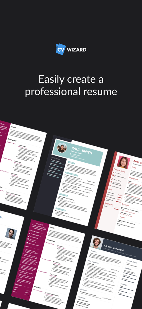 CVwizard: Online CV maker - A collection of professional and modern resume templates displayed within the CVwizard app interface