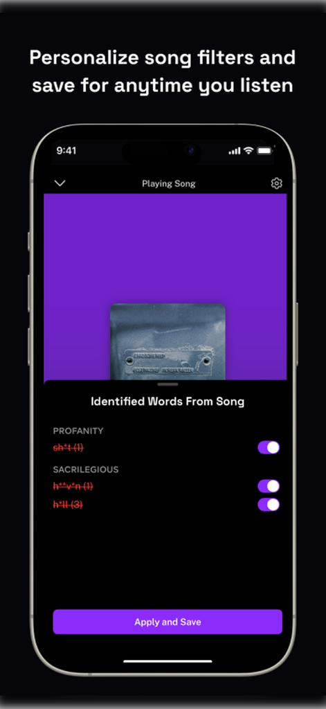 Verso: Clean Music AI - Versoアプリの画面。不適切語や冒涜的な言葉をミュートするためのパーソナライズされたフィルターオプションを表示します。