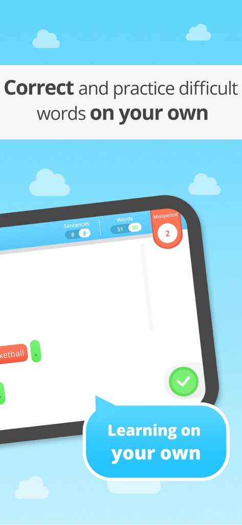 Interface showing independent spelling practice and misspelled word tracking for kids.