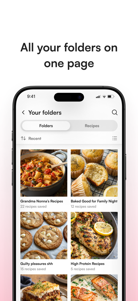 Organized recipe folders with food photos in the Osta app
