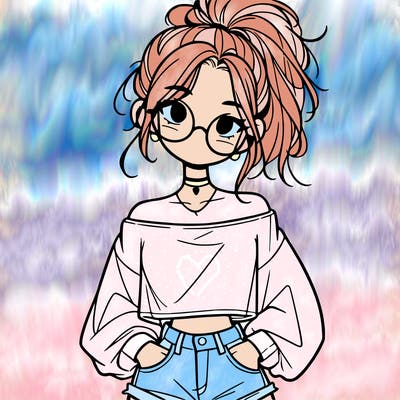 girl with a messy ponytail glasses a baggy crop top and jean shorts