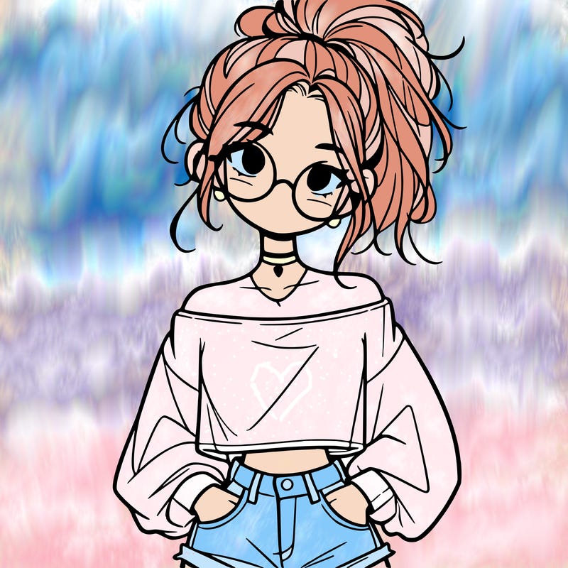 girl with a messy ponytail glasses a baggy crop top and jean shorts