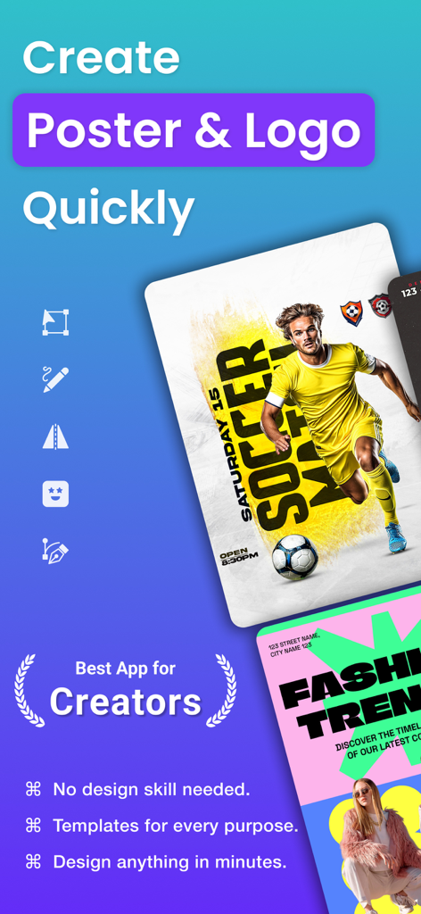 スポーツとファッションのテンプレートが表示された、ポスターとロゴ作成オプションを表示するCanvas AIアプリ画面