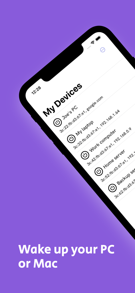 Joe's PCやWork computerなどのネットワークデバイスのリストと、リモートで起動するための電源ボタンが表示されたWOLアプリのインターフェース。