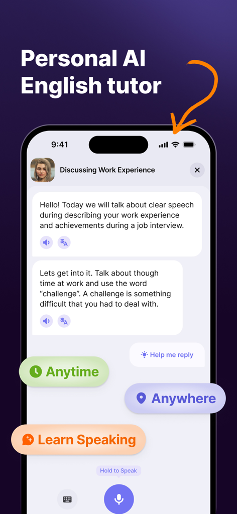JustSpeak – AI English Tutor - JustSpeak app interface showing an AI conversation for practicing work experience and job interview skills.
