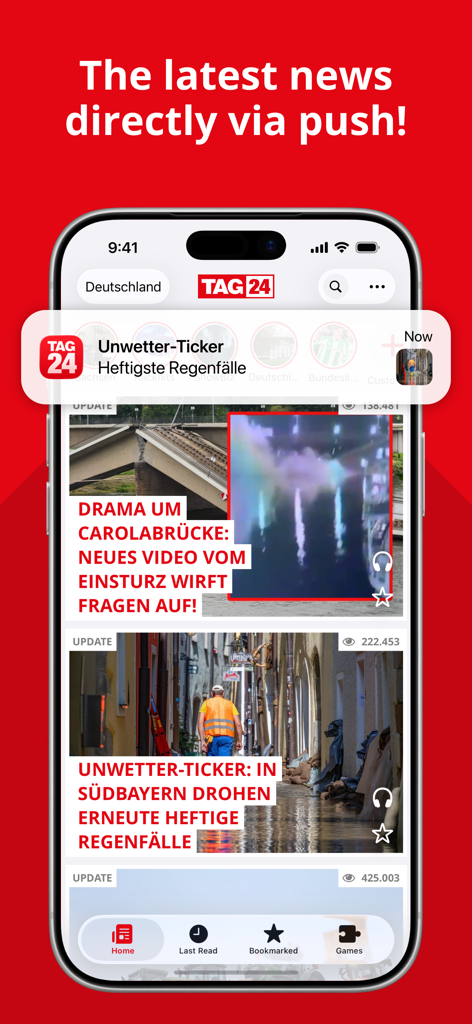 TAG24 NEWS - TAG24 NEWS app interface showing breaking news push notifications and a scrolling news feed